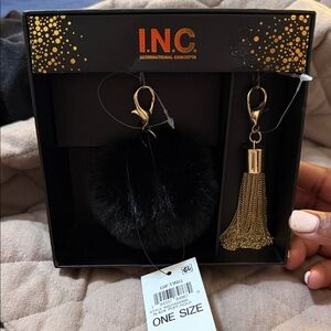 INC International Concepts Black Faux Fur Pom Pom and Gold Tassel Keychain Set